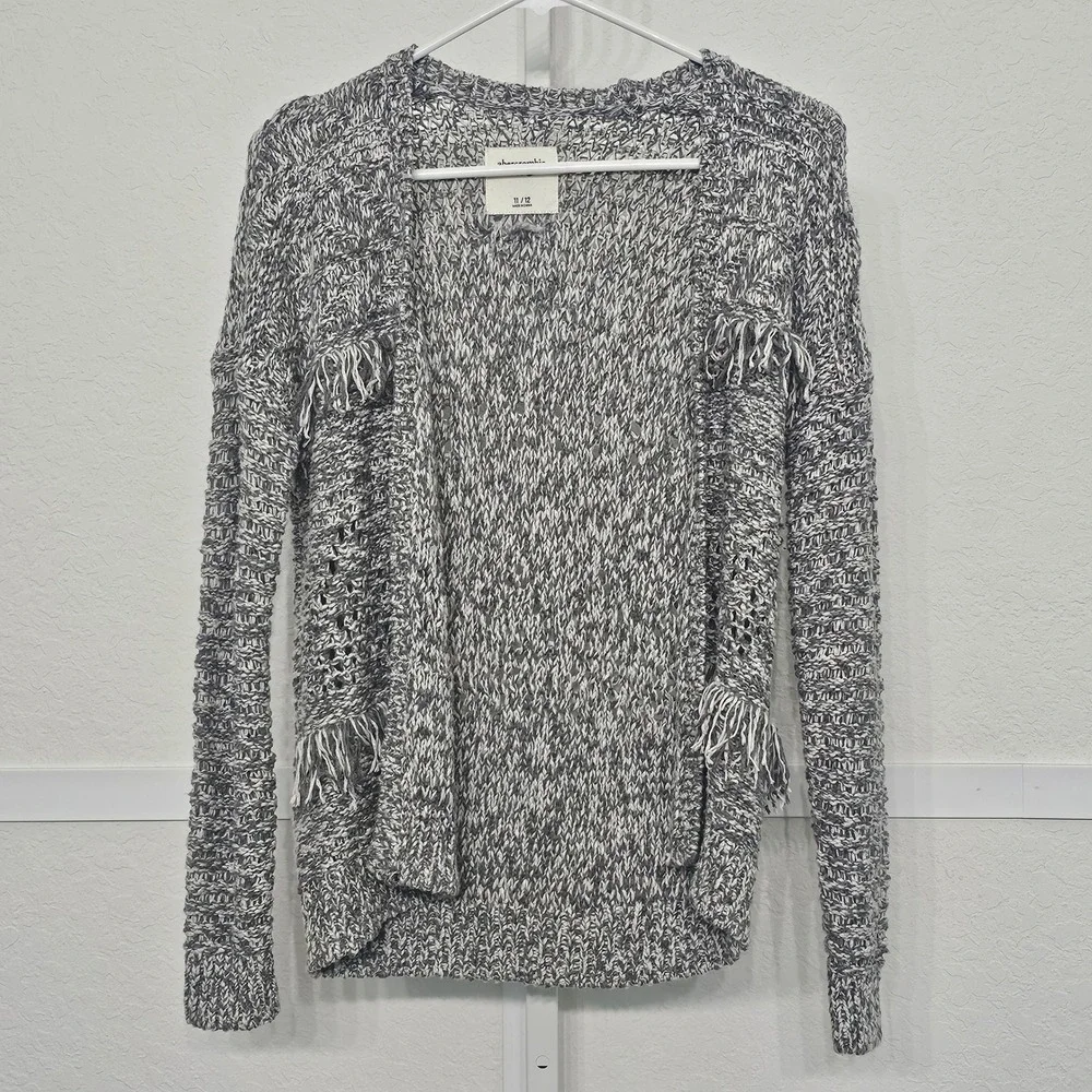 Abercrombie Kids Girls Grey Marled Fringe Pointelle Open Front Cardigan Sz 11/12